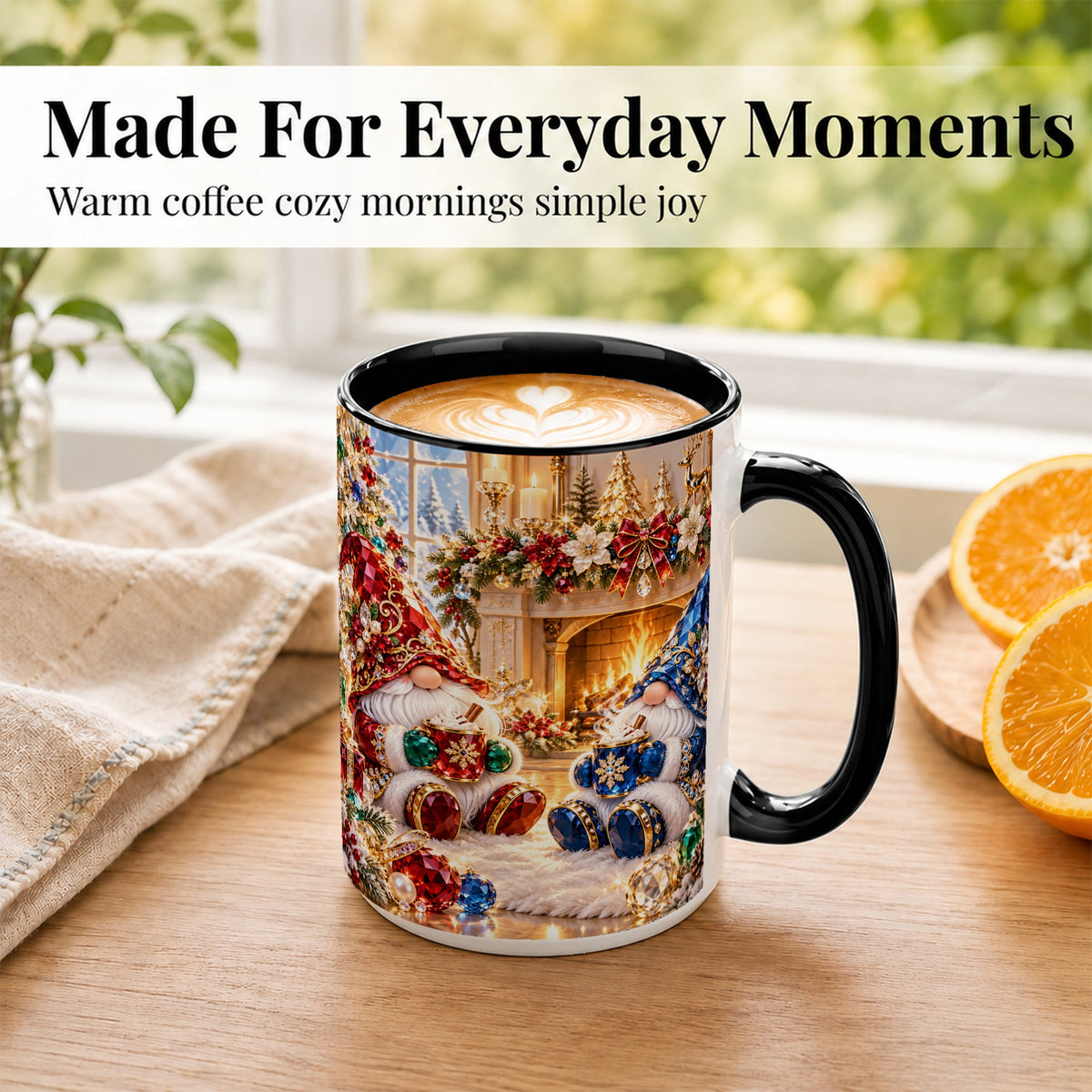 #pl[15oz|Black] Gemstone Gnome Coffee Mug, Festive Fireplace Mug, Ceramic Cup