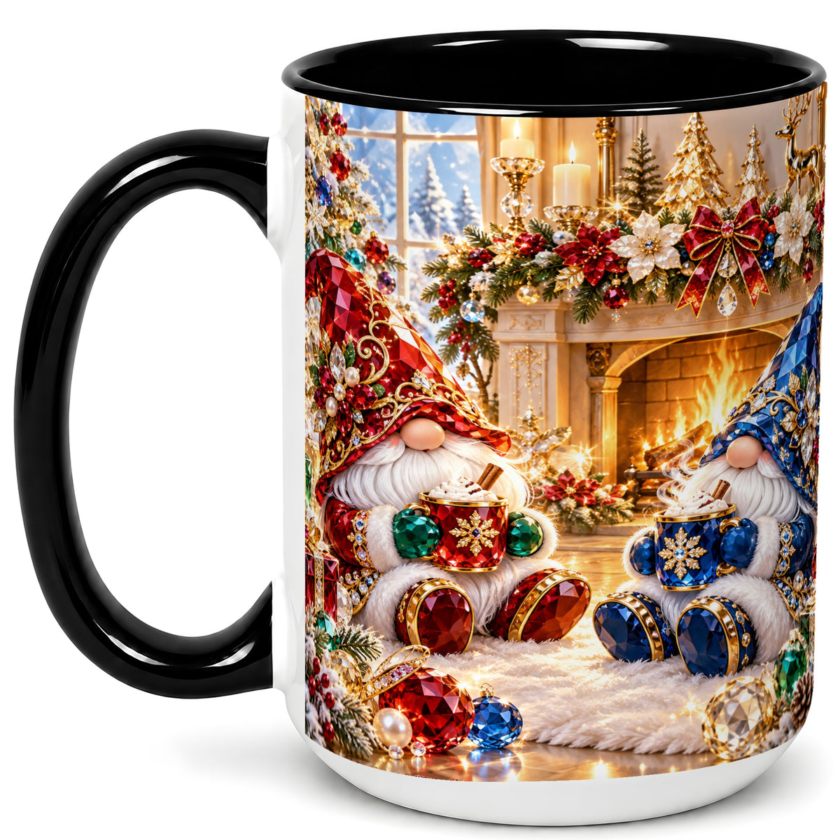 #pl[15oz|Black] Gemstone Gnome Coffee Mug, Festive Fireplace Mug, Ceramic Cup