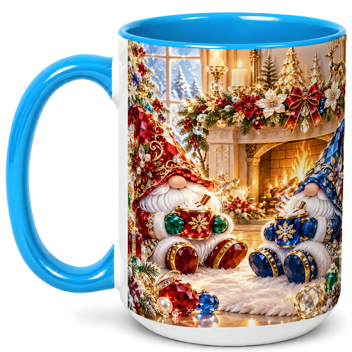 #pl[15oz|Blue] Gemstone Gnome Coffee Mug, Festive Fireplace Mug, Ceramic Cup