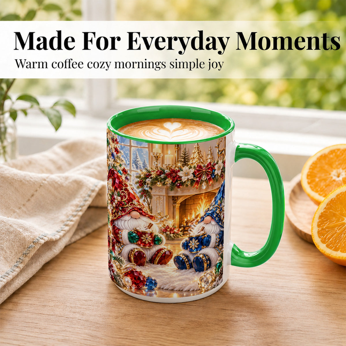 #pl[15oz|Green] Gemstone Gnome Coffee Mug, Festive Fireplace Mug, Ceramic Cup