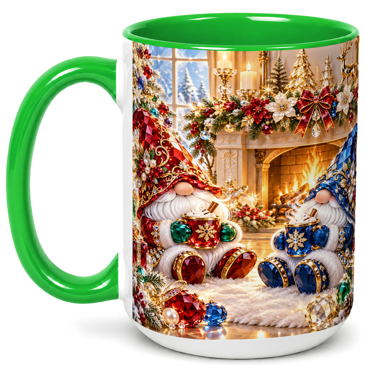 #pl[15oz|Green] Gemstone Gnome Coffee Mug, Festive Fireplace Mug, Ceramic Cup