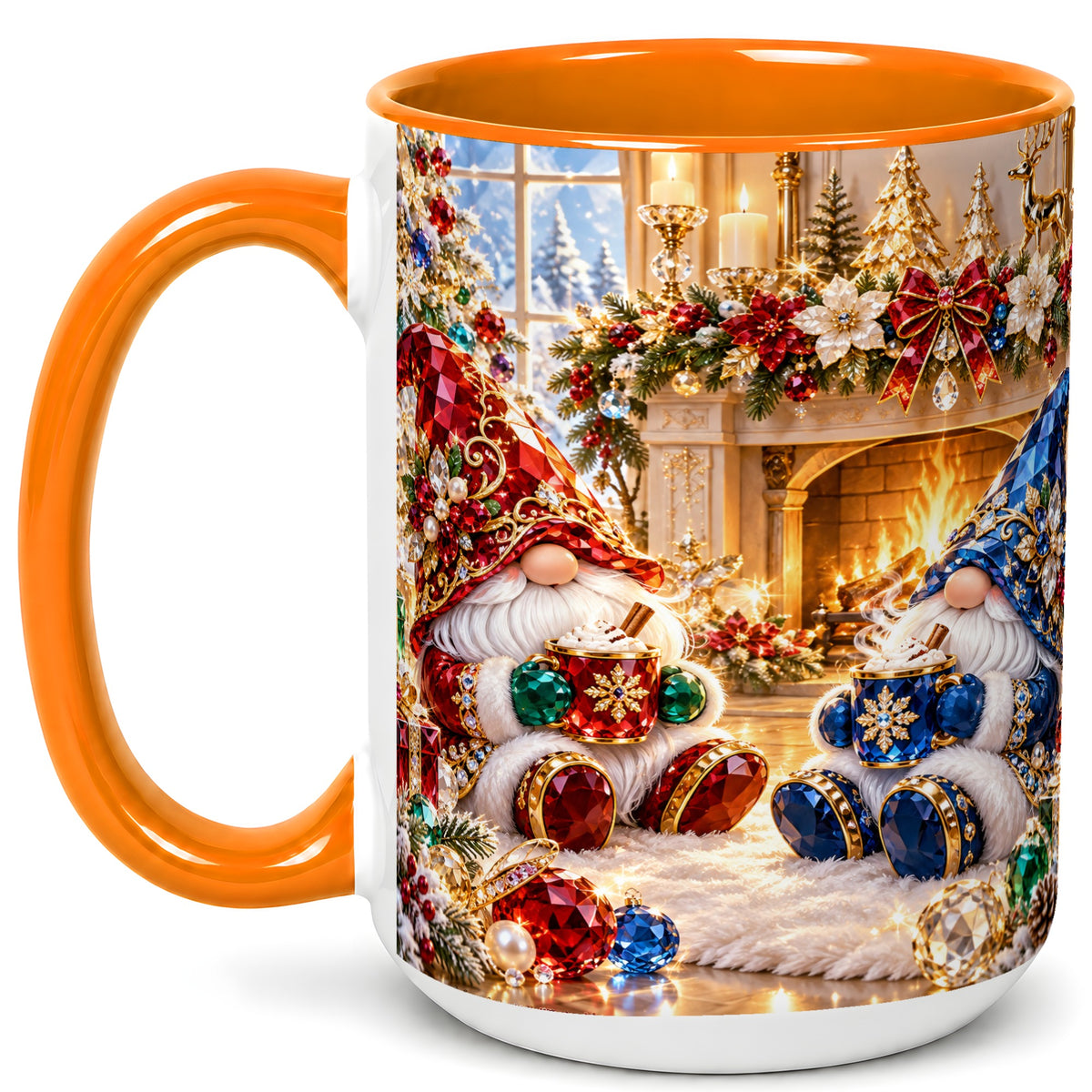 #pl[15oz|Orange] Gemstone Gnome Coffee Mug, Festive Fireplace Mug, Ceramic Cup