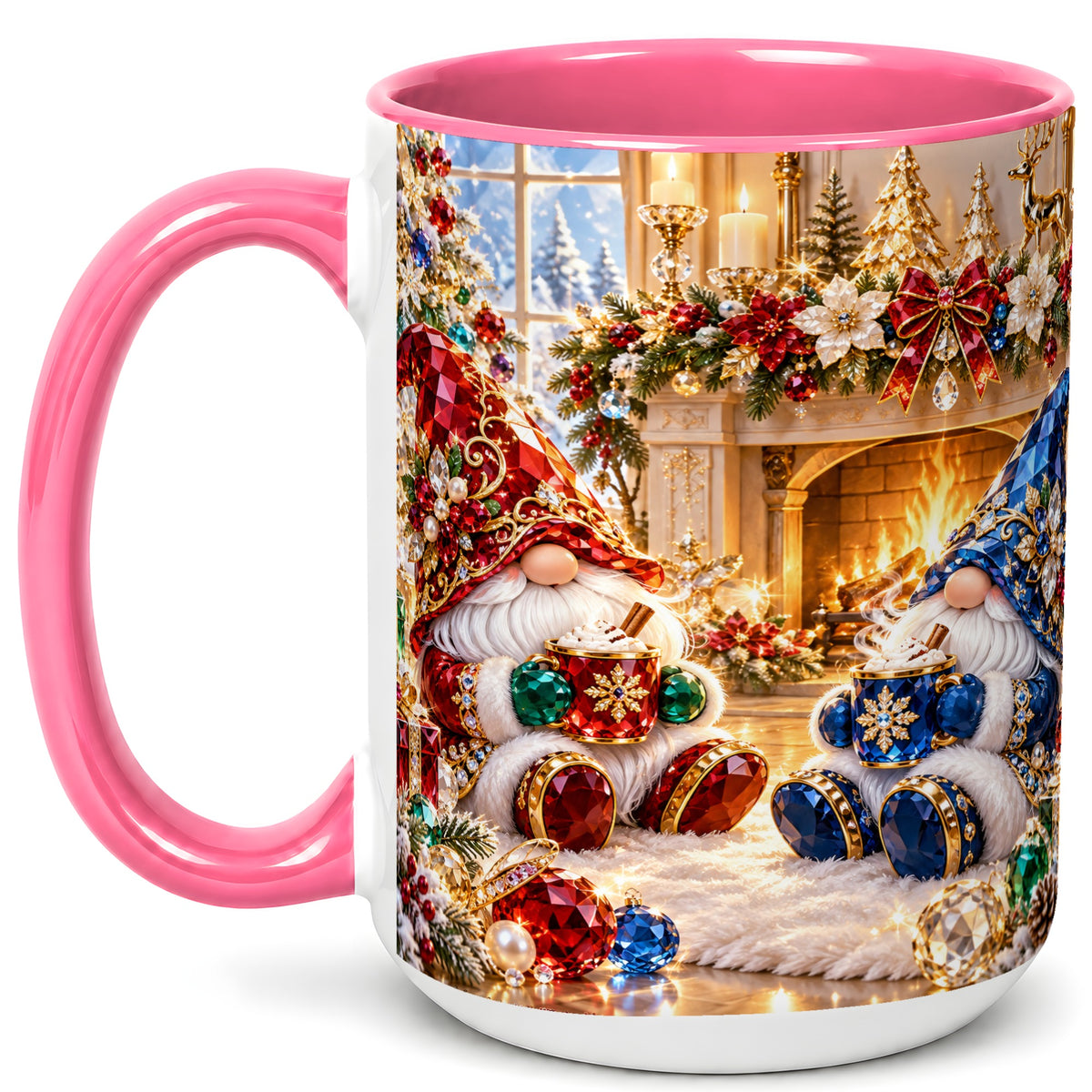 #pl[15oz|Pink] Gemstone Gnome Coffee Mug, Festive Fireplace Mug, Ceramic Cup