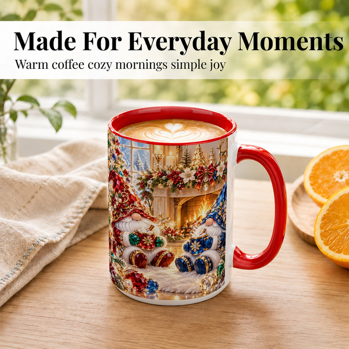 #pl[15oz|Red] Gemstone Gnome Coffee Mug, Festive Fireplace Mug, Ceramic Cup
