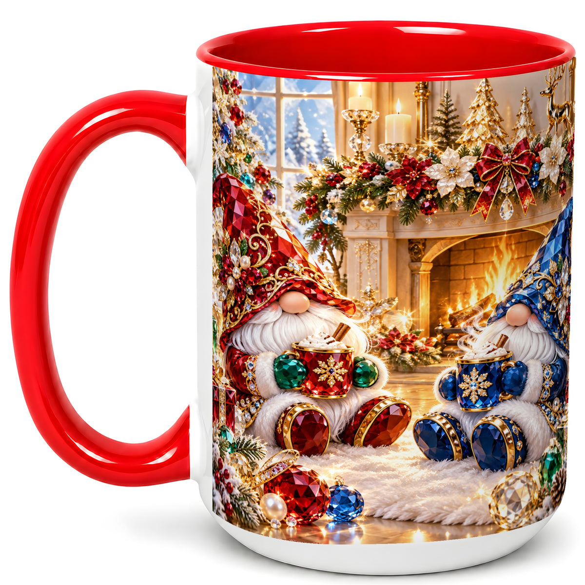 #pl[15oz|Red] Gemstone Gnome Coffee Mug, Festive Fireplace Mug, Ceramic Cup