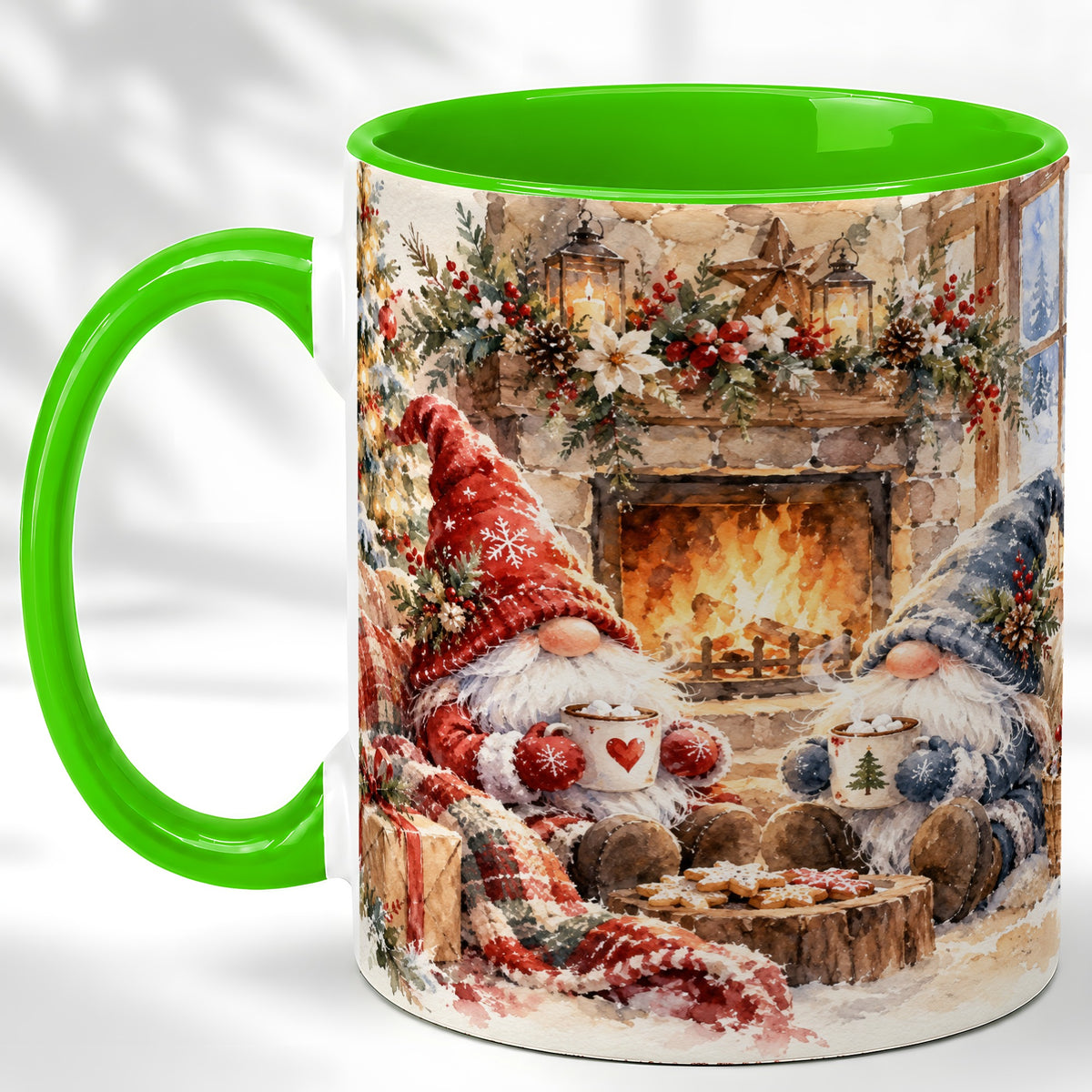 #pl[11oz|Green] Watercolor Gnome Coffee Mug, Cozy Winter Mug, Ceramic Cup