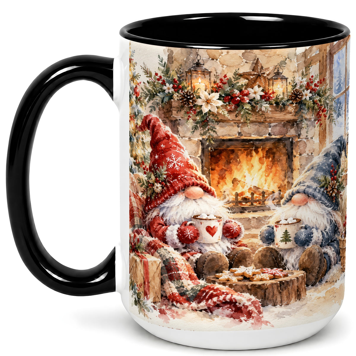 #pl[15oz|Black] Watercolor Gnome Coffee Mug, Cozy Winter Mug, Ceramic Cup