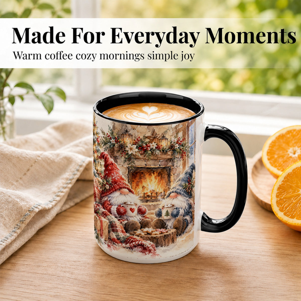 #pl[15oz|Black] Watercolor Gnome Coffee Mug, Cozy Winter Mug, Ceramic Cup