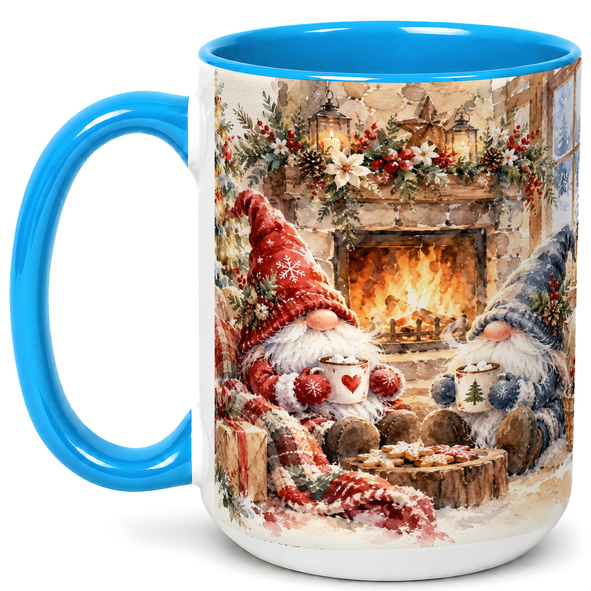 #pl[15oz|Blue] Watercolor Gnome Coffee Mug, Cozy Winter Mug, Ceramic Cup