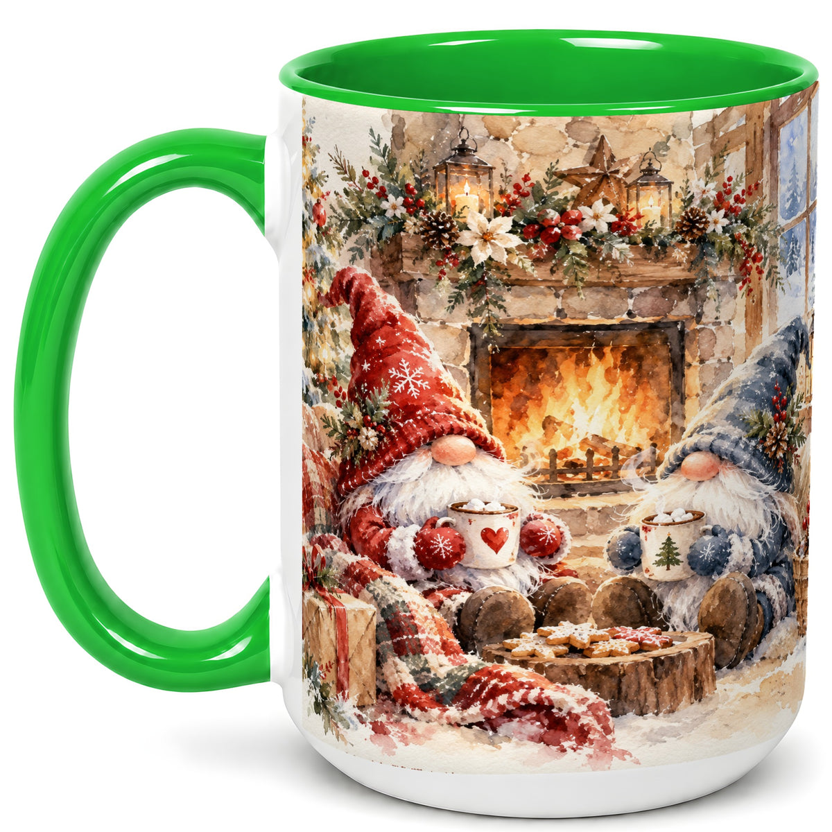 #pl[15oz|Green] Watercolor Gnome Coffee Mug, Cozy Winter Mug, Ceramic Cup
