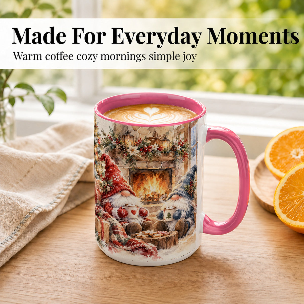 #pl[15oz|Pink] Watercolor Gnome Coffee Mug, Cozy Winter Mug, Ceramic Cup