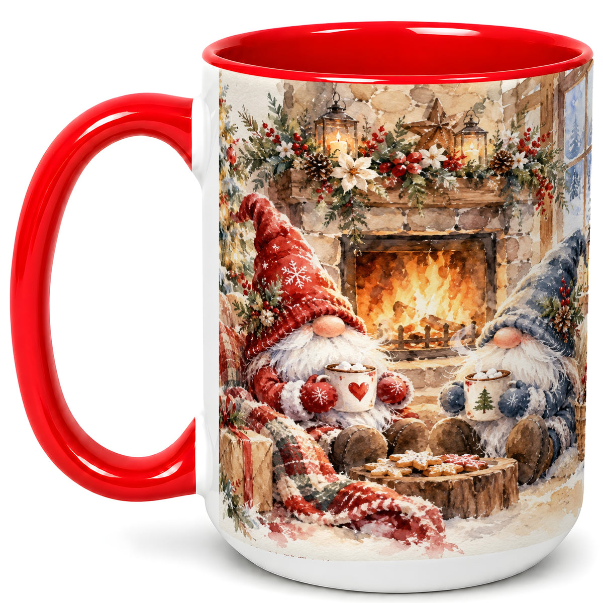 #pl[15oz|Red] Watercolor Gnome Coffee Mug, Cozy Winter Mug, Ceramic Cup