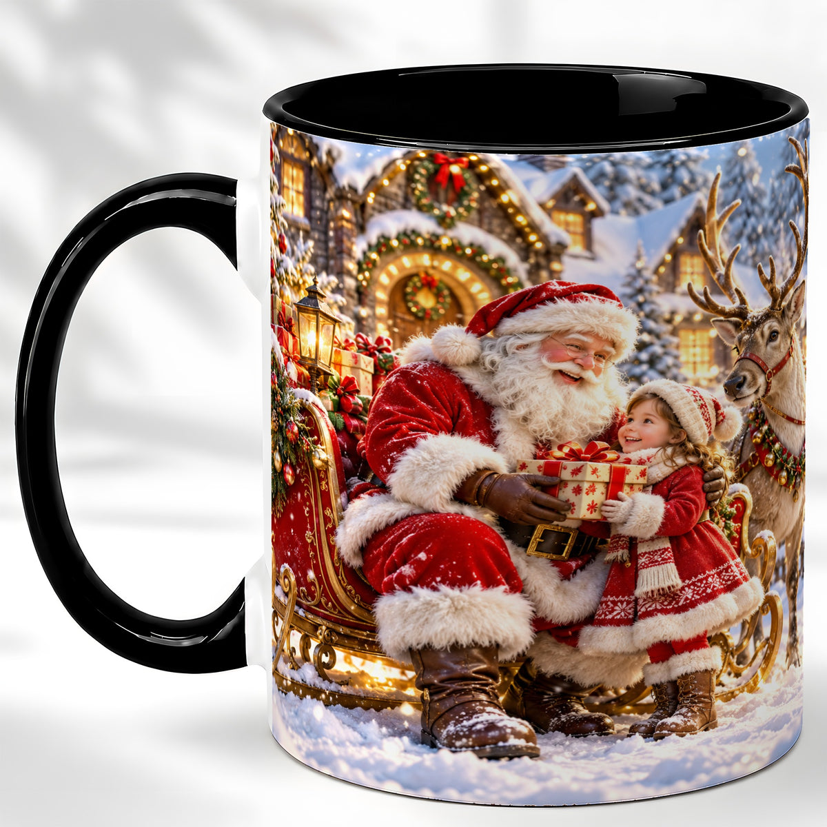 #pl[11oz|Black] Santa Reindeer Coffee Mug, Christmas Scene Mug, Ceramic Cup