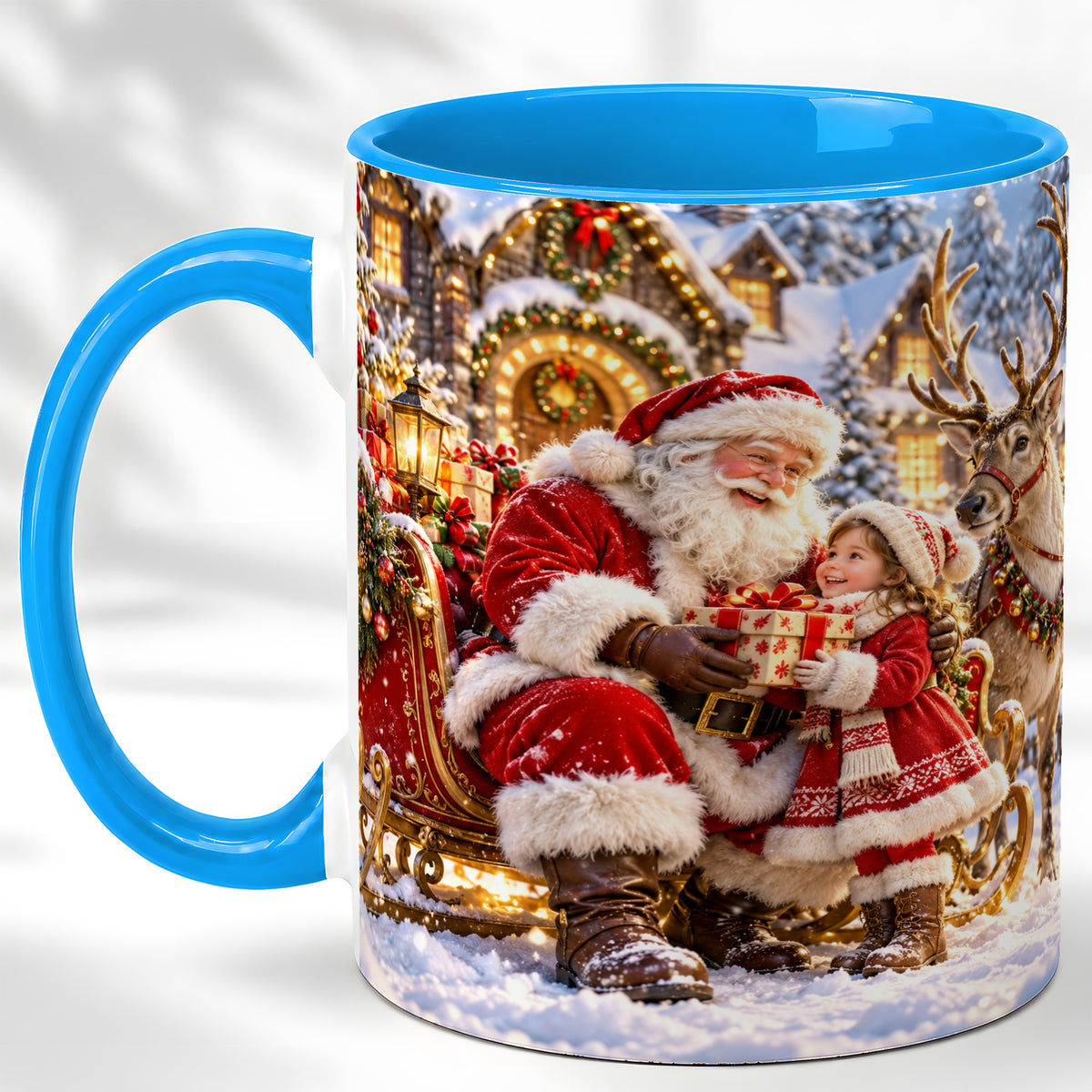#pl[11oz|Blue] Santa Reindeer Coffee Mug, Christmas Scene Mug, Ceramic Cup