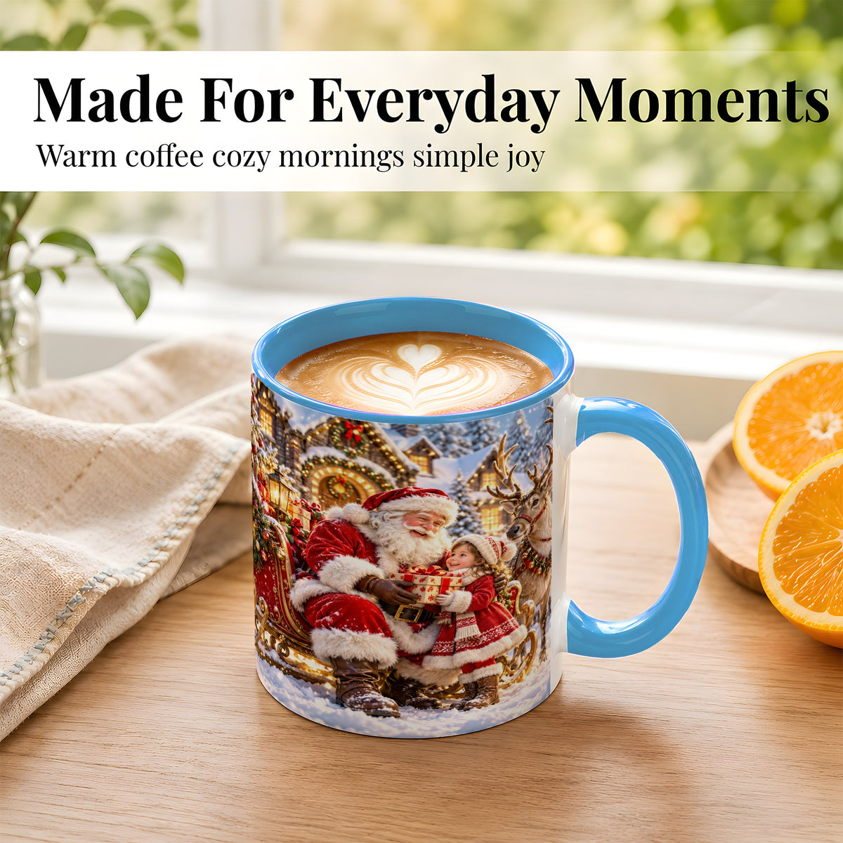 #pl[11oz|Blue] Santa Reindeer Coffee Mug, Christmas Scene Mug, Ceramic Cup