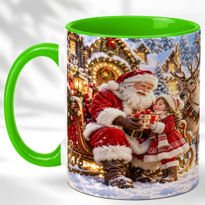 #pl[11oz|Green] Santa Reindeer Coffee Mug, Christmas Scene Mug, Ceramic Cup