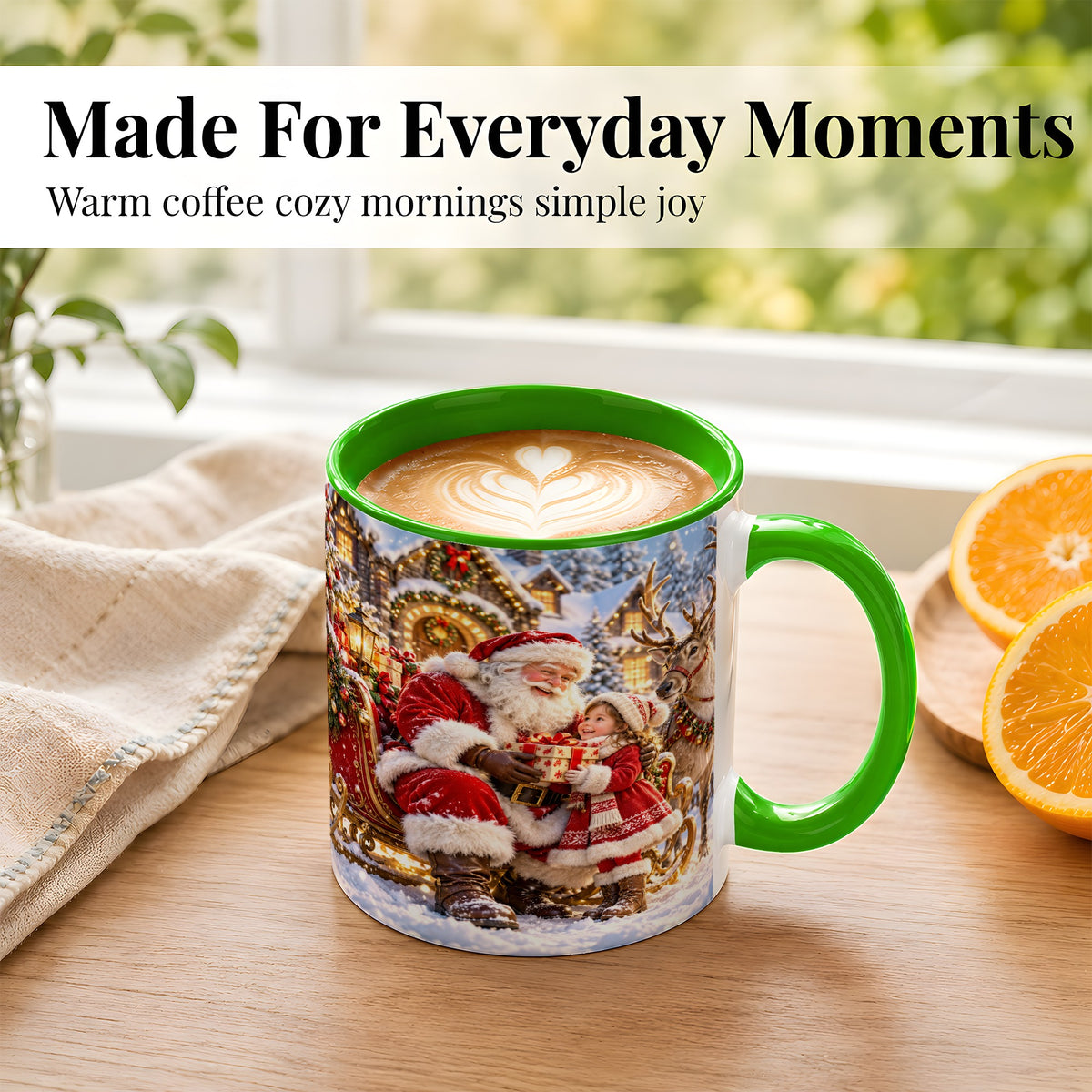 #pl[11oz|Green] Santa Reindeer Coffee Mug, Christmas Scene Mug, Ceramic Cup