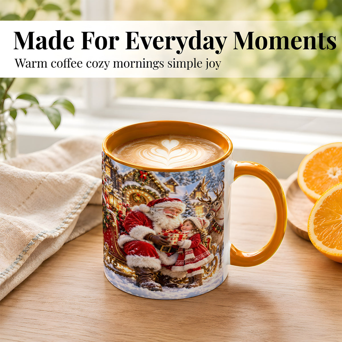 #pl[11oz|Orange] Santa Reindeer Coffee Mug, Christmas Scene Mug, Ceramic Cup