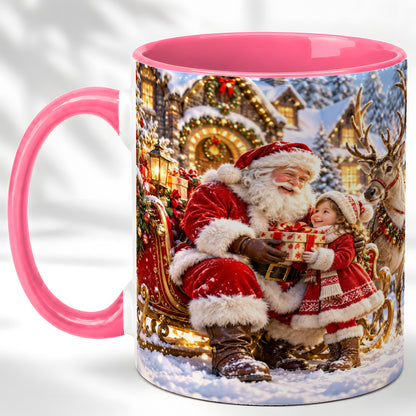 #pl[11oz|Pink] Santa Reindeer Coffee Mug, Christmas Scene Mug, Ceramic Cup
