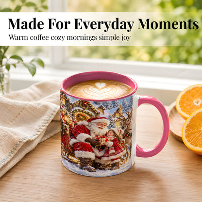 #pl[11oz|Pink] Santa Reindeer Coffee Mug, Christmas Scene Mug, Ceramic Cup