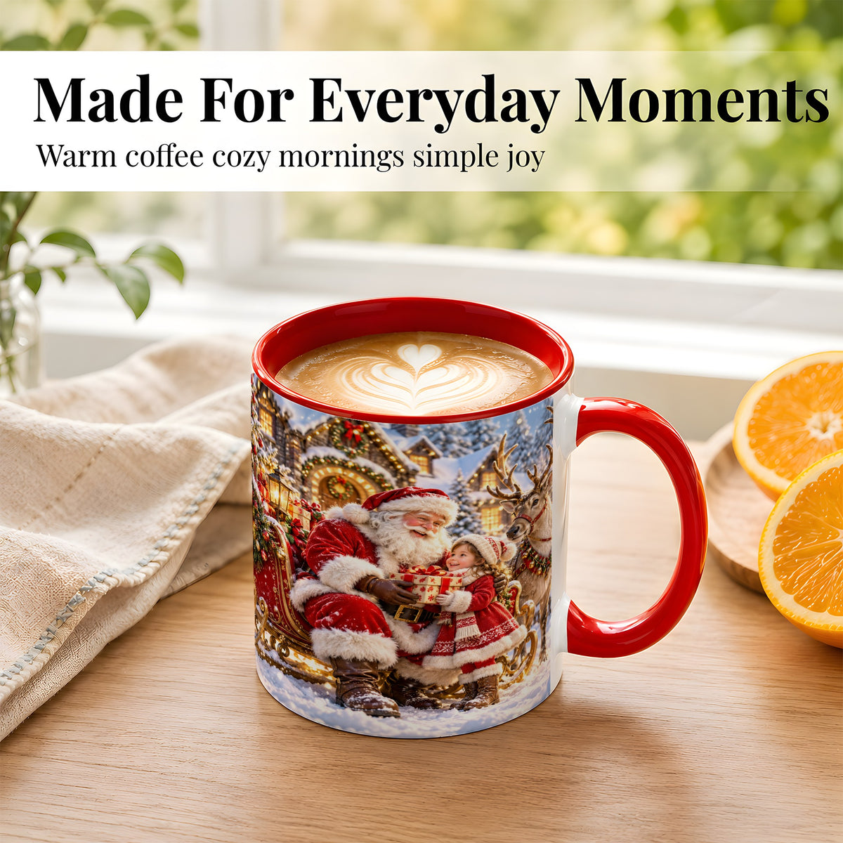 #pl[11oz|Red] Santa Reindeer Coffee Mug, Christmas Scene Mug, Ceramic Cup