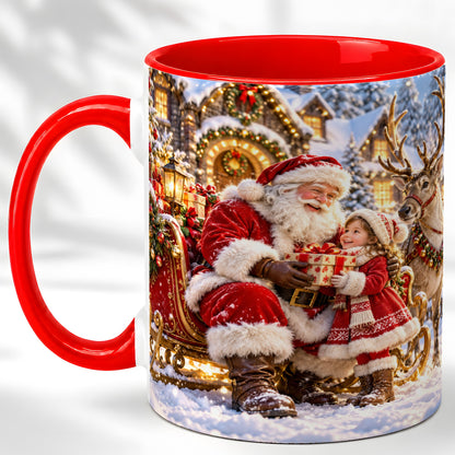 Santa Reindeer Coffee Mug, Christmas Scene Mug, Ceramic Cup
