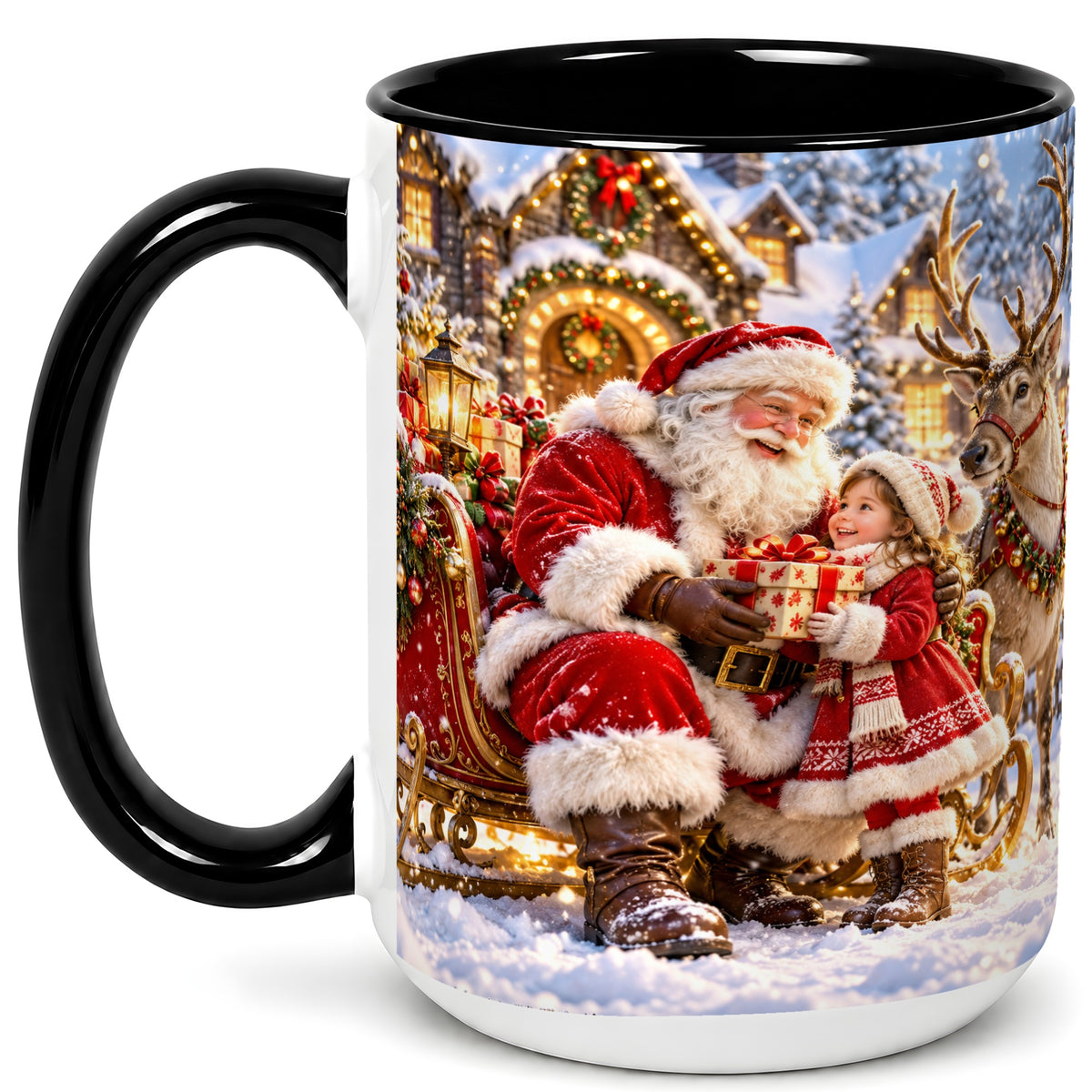 #pl[15oz|Black] Santa Reindeer Coffee Mug, Christmas Scene Mug, Ceramic Cup