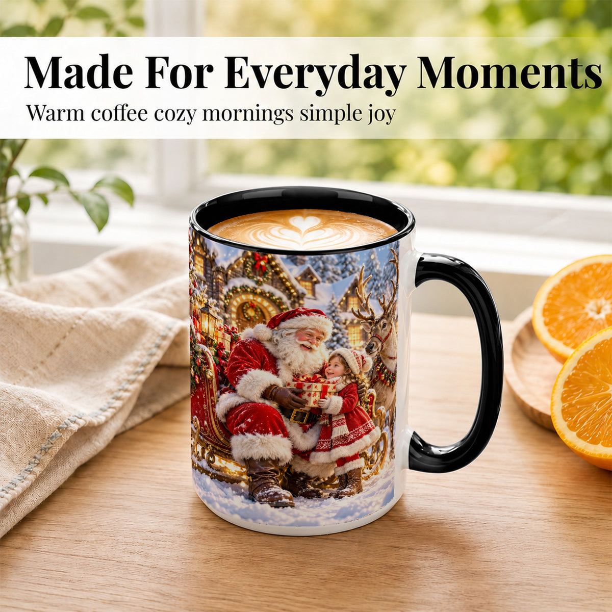 #pl[15oz|Black] Santa Reindeer Coffee Mug, Christmas Scene Mug, Ceramic Cup