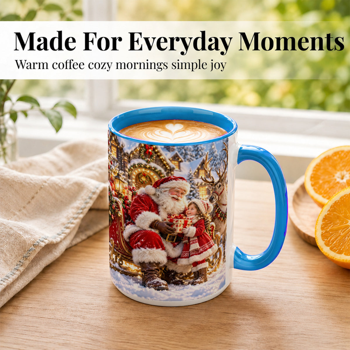 #pl[15oz|Blue] Santa Reindeer Coffee Mug, Christmas Scene Mug, Ceramic Cup