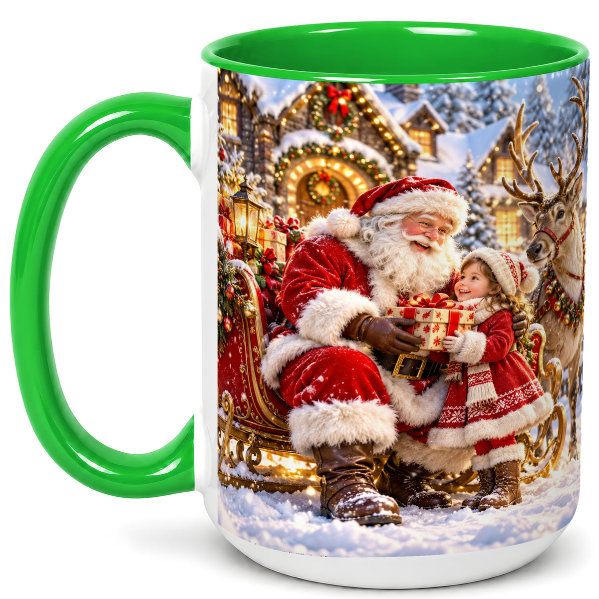 #pl[15oz|Green] Santa Reindeer Coffee Mug, Christmas Scene Mug, Ceramic Cup