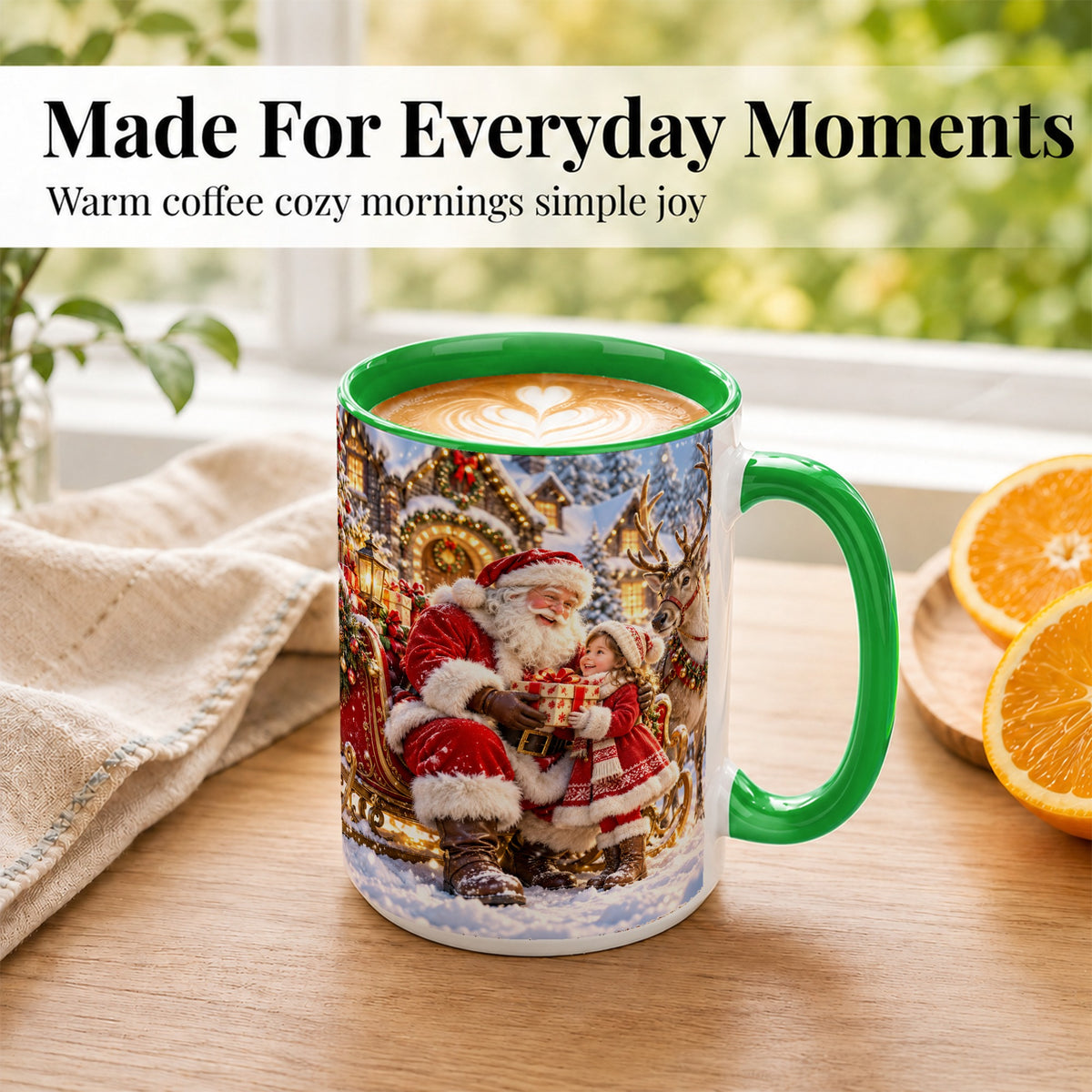 #pl[15oz|Green] Santa Reindeer Coffee Mug, Christmas Scene Mug, Ceramic Cup