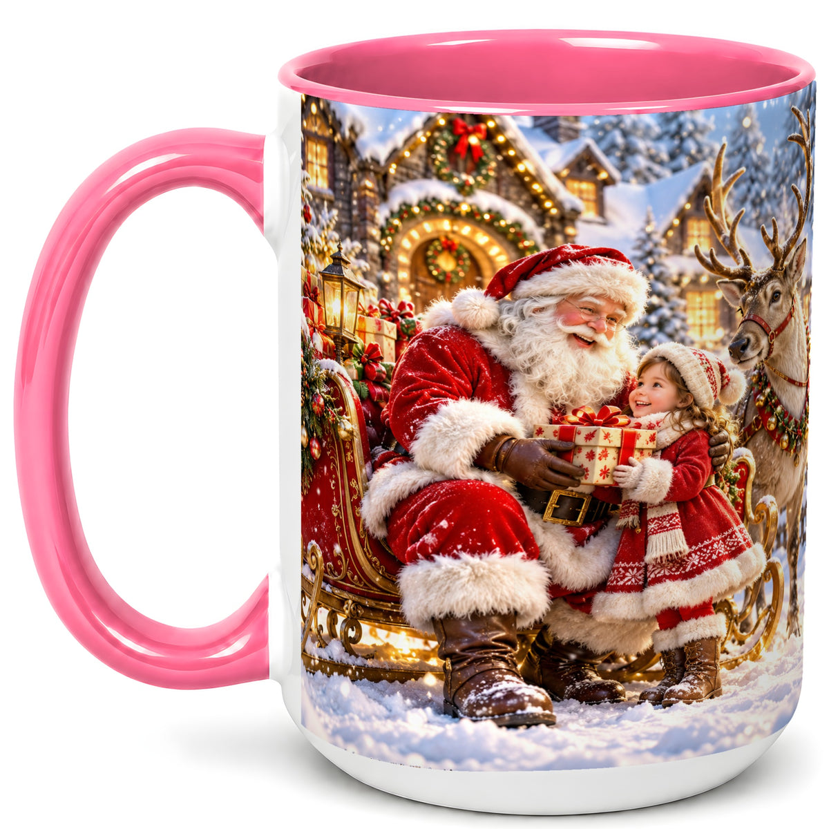 #pl[15oz|Pink] Santa Reindeer Coffee Mug, Christmas Scene Mug, Ceramic Cup