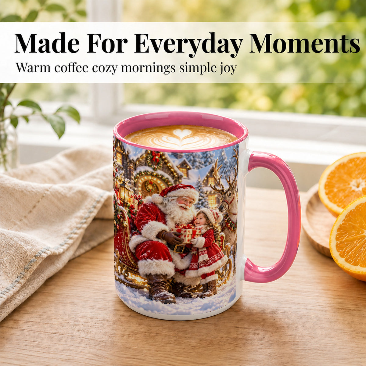 #pl[15oz|Pink] Santa Reindeer Coffee Mug, Christmas Scene Mug, Ceramic Cup