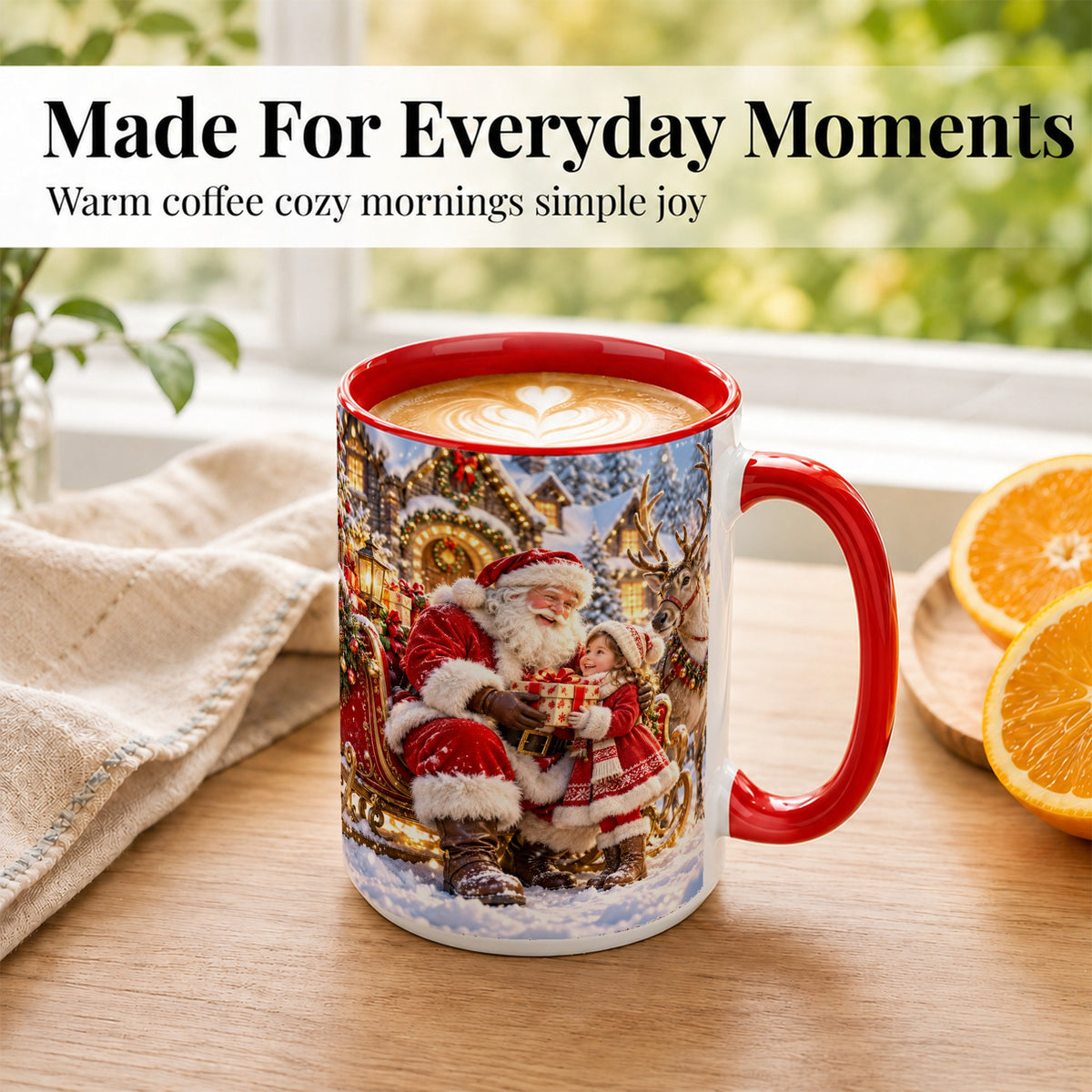 #pl[15oz|Red] Santa Reindeer Coffee Mug, Christmas Scene Mug, Ceramic Cup