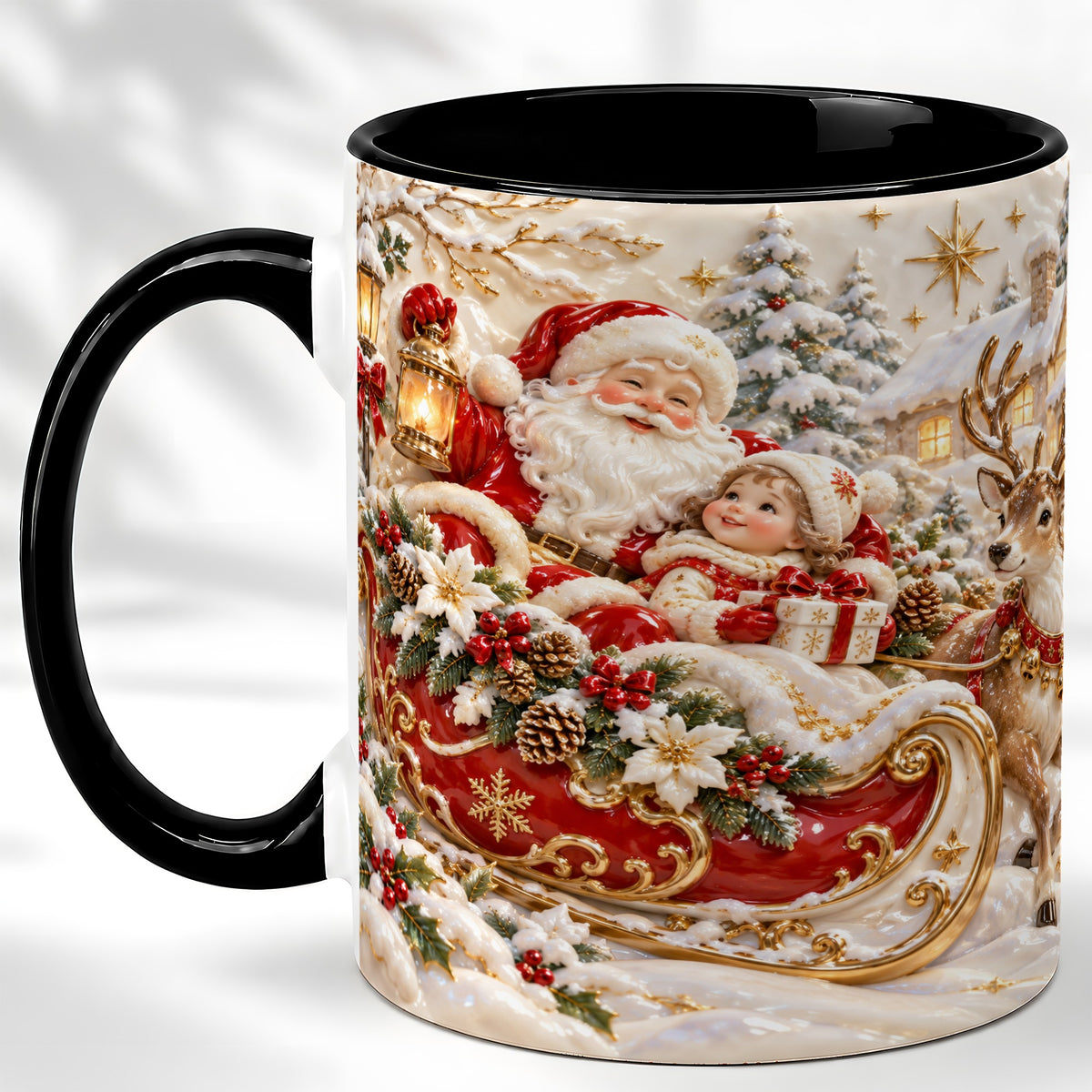 #pl[11oz|Black] Santa Sleigh Coffee Mug, Christmas Reindeer Mug, Ceramic Cup