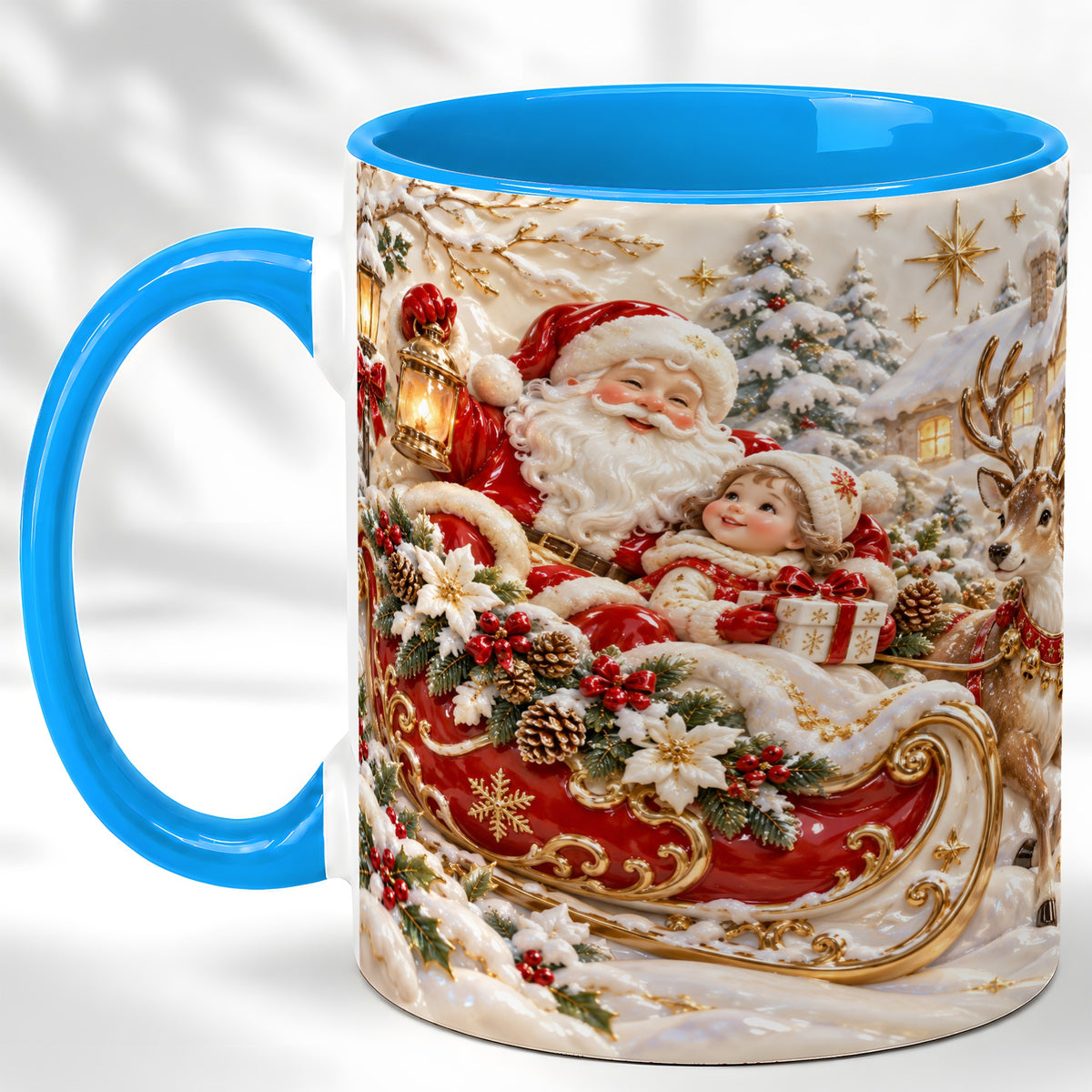 #pl[11oz|Blue] Santa Sleigh Coffee Mug, Christmas Reindeer Mug, Ceramic Cup