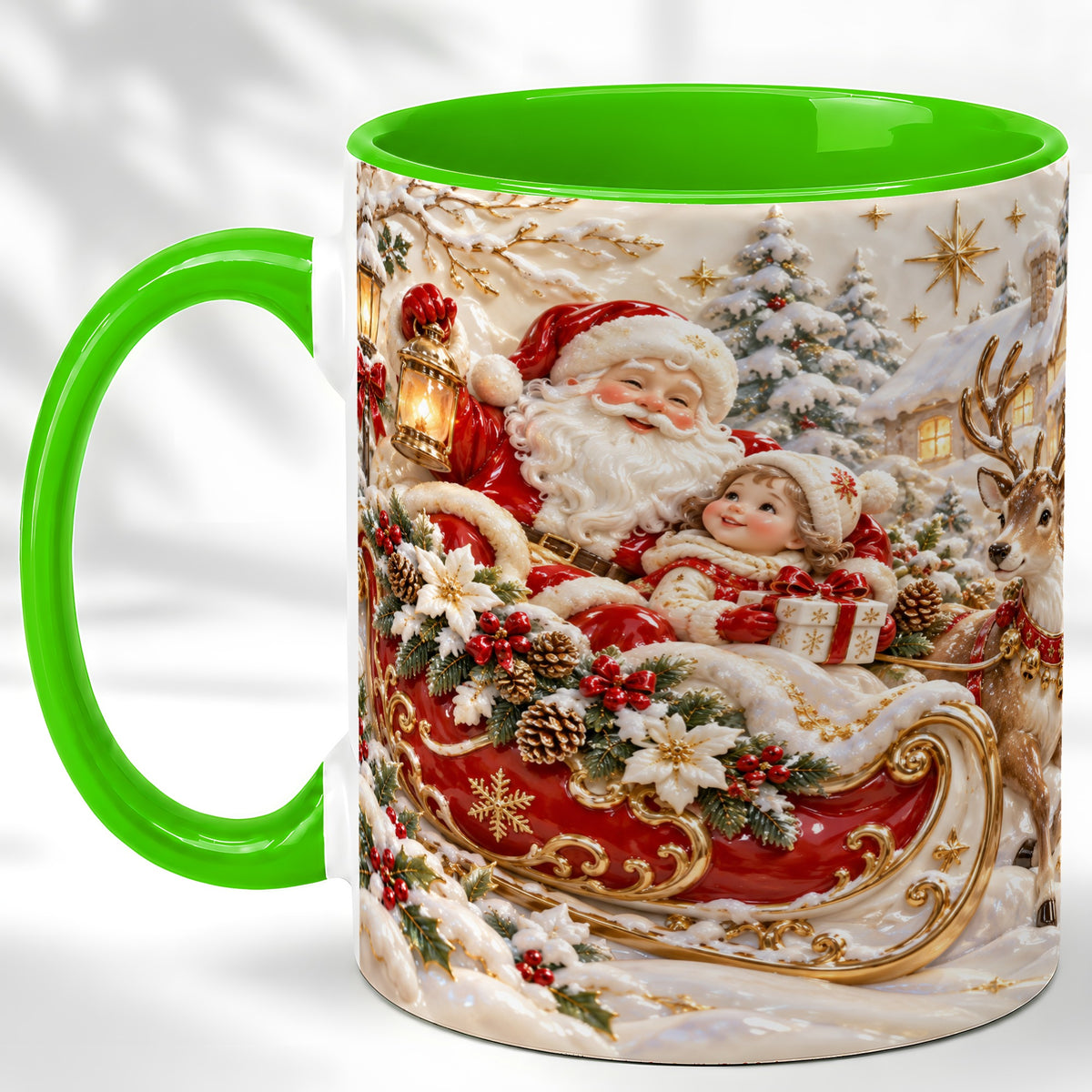 #pl[11oz|Green] Santa Sleigh Coffee Mug, Christmas Reindeer Mug, Ceramic Cup