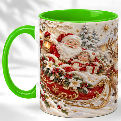 #pl[11oz|Green] Santa Sleigh Coffee Mug, Christmas Reindeer Mug, Ceramic Cup