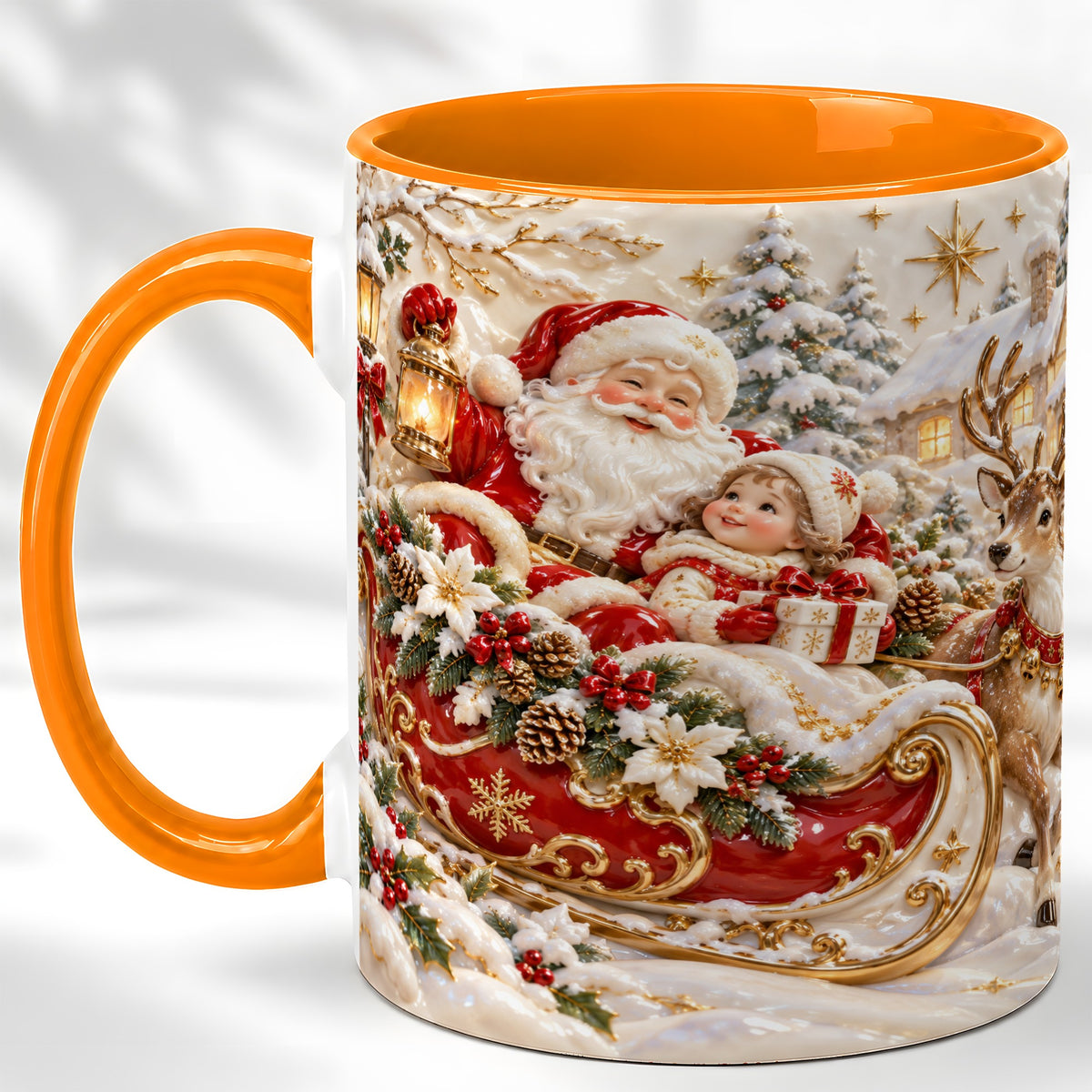 #pl[11oz|Orange] Santa Sleigh Coffee Mug, Christmas Reindeer Mug, Ceramic Cup
