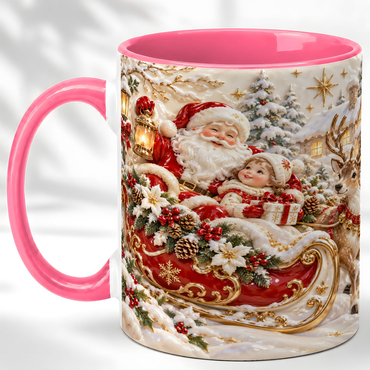 #pl[11oz|Pink] Santa Sleigh Coffee Mug, Christmas Reindeer Mug, Ceramic Cup