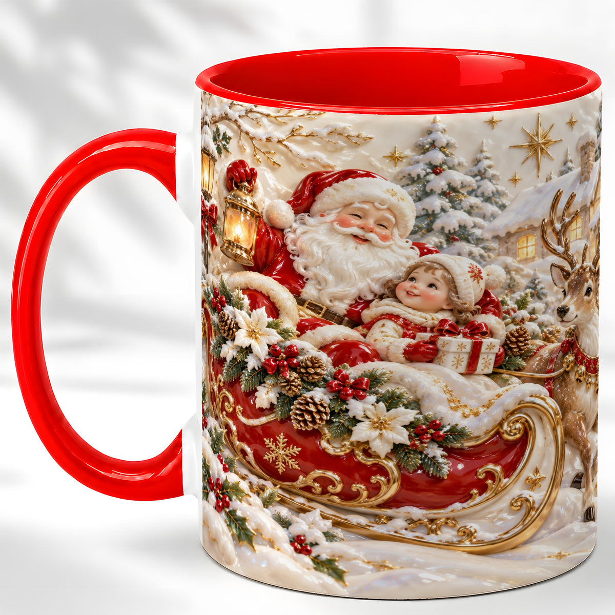 Santa Sleigh Coffee Mug, Christmas Reindeer Mug, Ceramic Cup