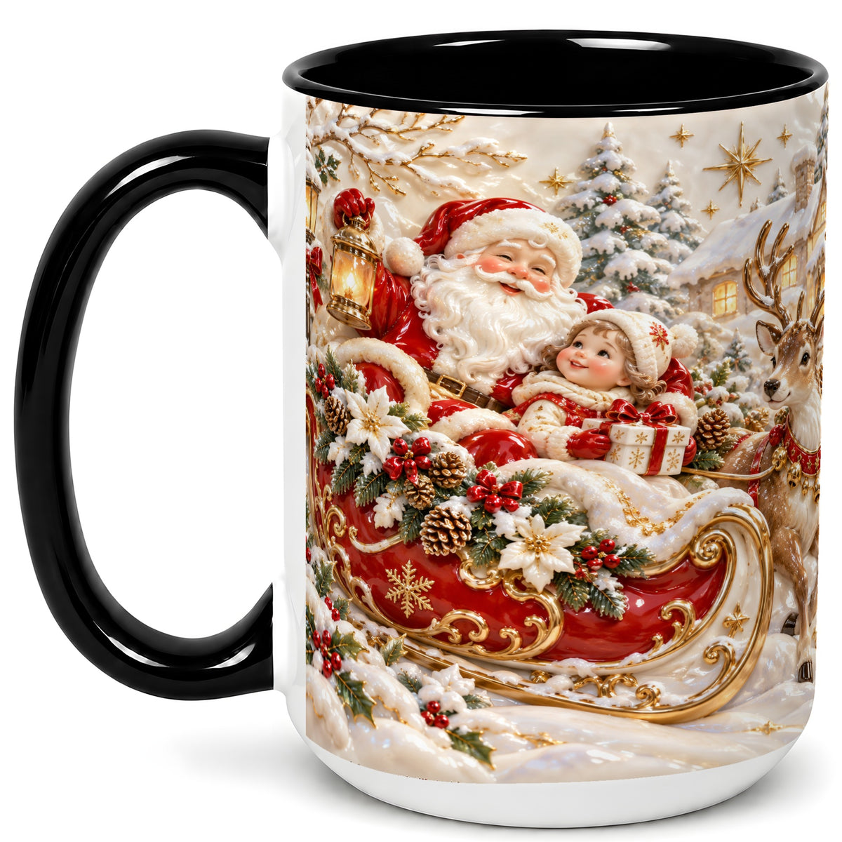 #pl[15oz|Black] Santa Sleigh Coffee Mug, Christmas Reindeer Mug, Ceramic Cup