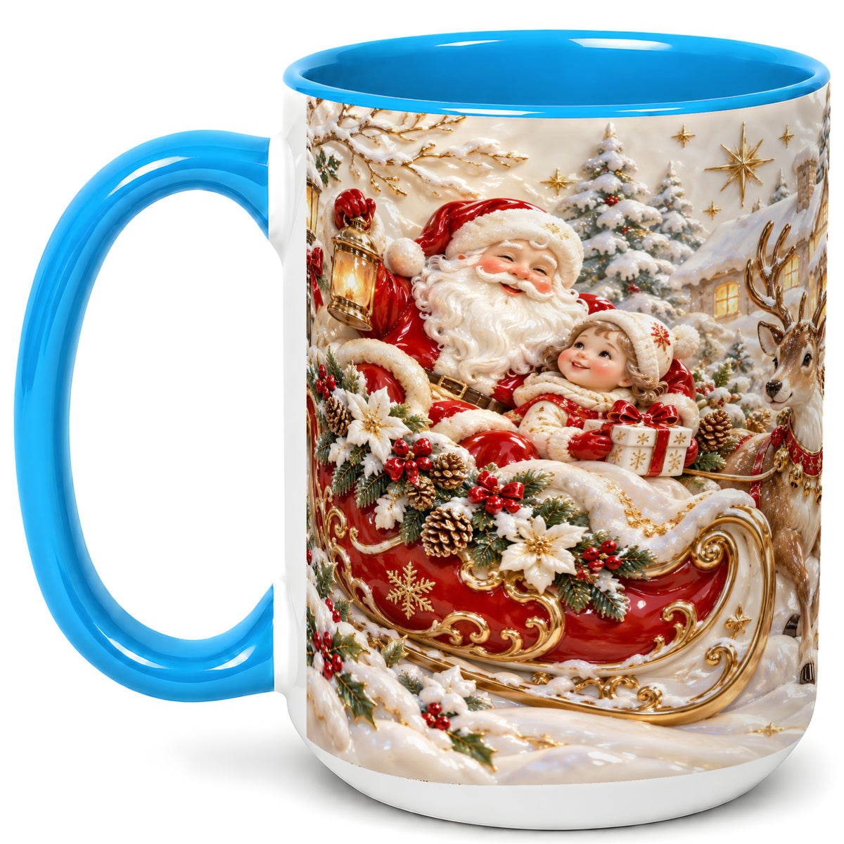 #pl[15oz|Blue] Santa Sleigh Coffee Mug, Christmas Reindeer Mug, Ceramic Cup
