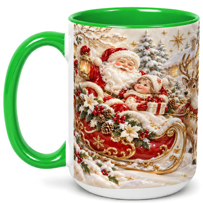 #pl[15oz|Green] Santa Sleigh Coffee Mug, Christmas Reindeer Mug, Ceramic Cup