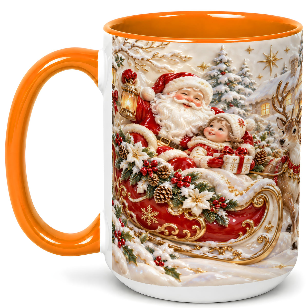 #pl[15oz|Orange] Santa Sleigh Coffee Mug, Christmas Reindeer Mug, Ceramic Cup