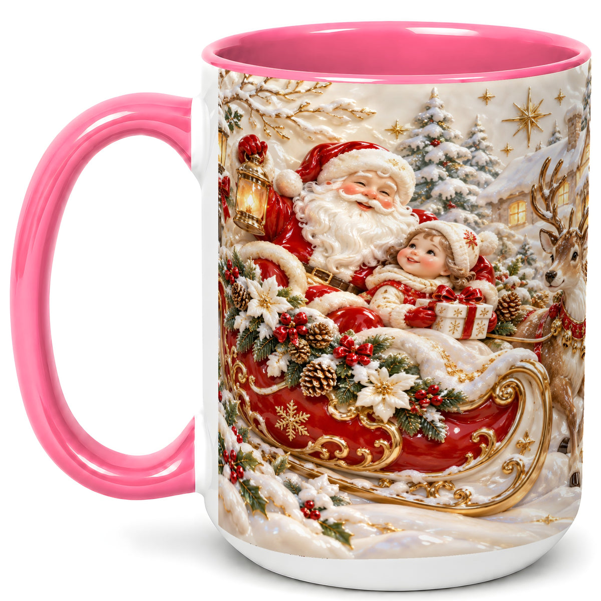 #pl[15oz|Pink] Santa Sleigh Coffee Mug, Christmas Reindeer Mug, Ceramic Cup
