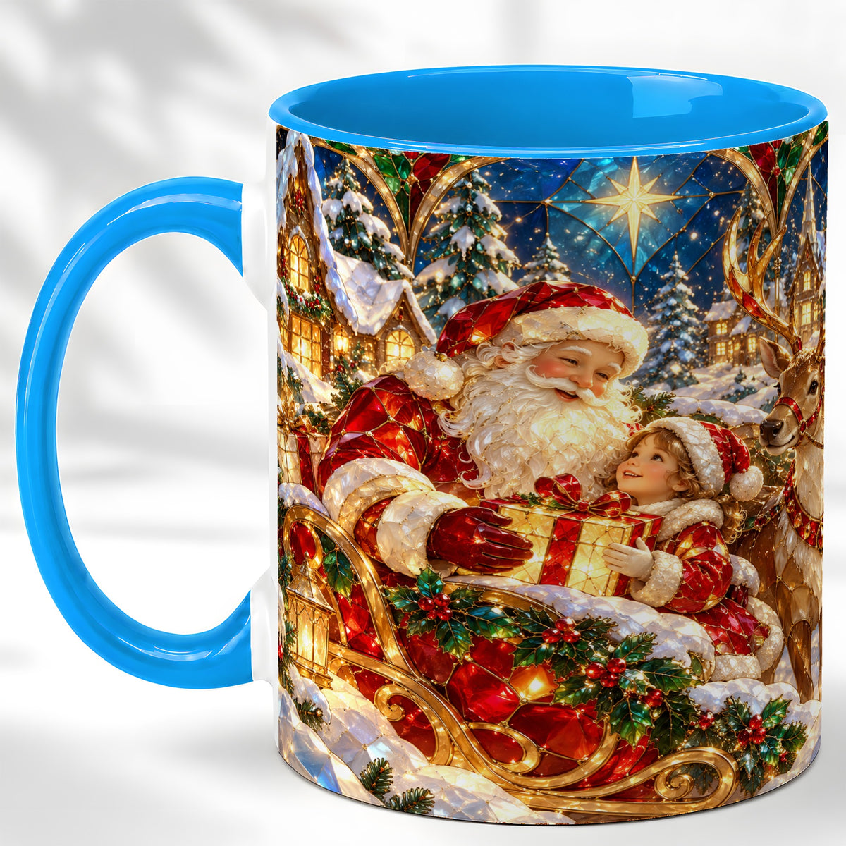 #pl[11oz|Blue] Santa Gift Coffee Mug, Christmas Reindeer Mug, Ceramic Cup