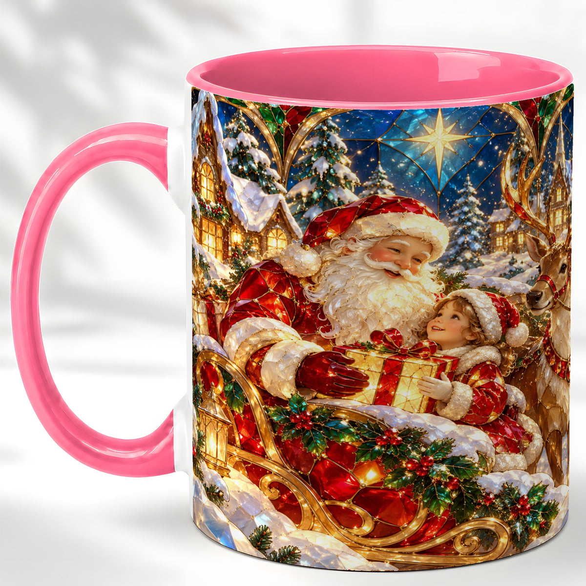 #pl[11oz|Pink] Santa Gift Coffee Mug, Christmas Reindeer Mug, Ceramic Cup