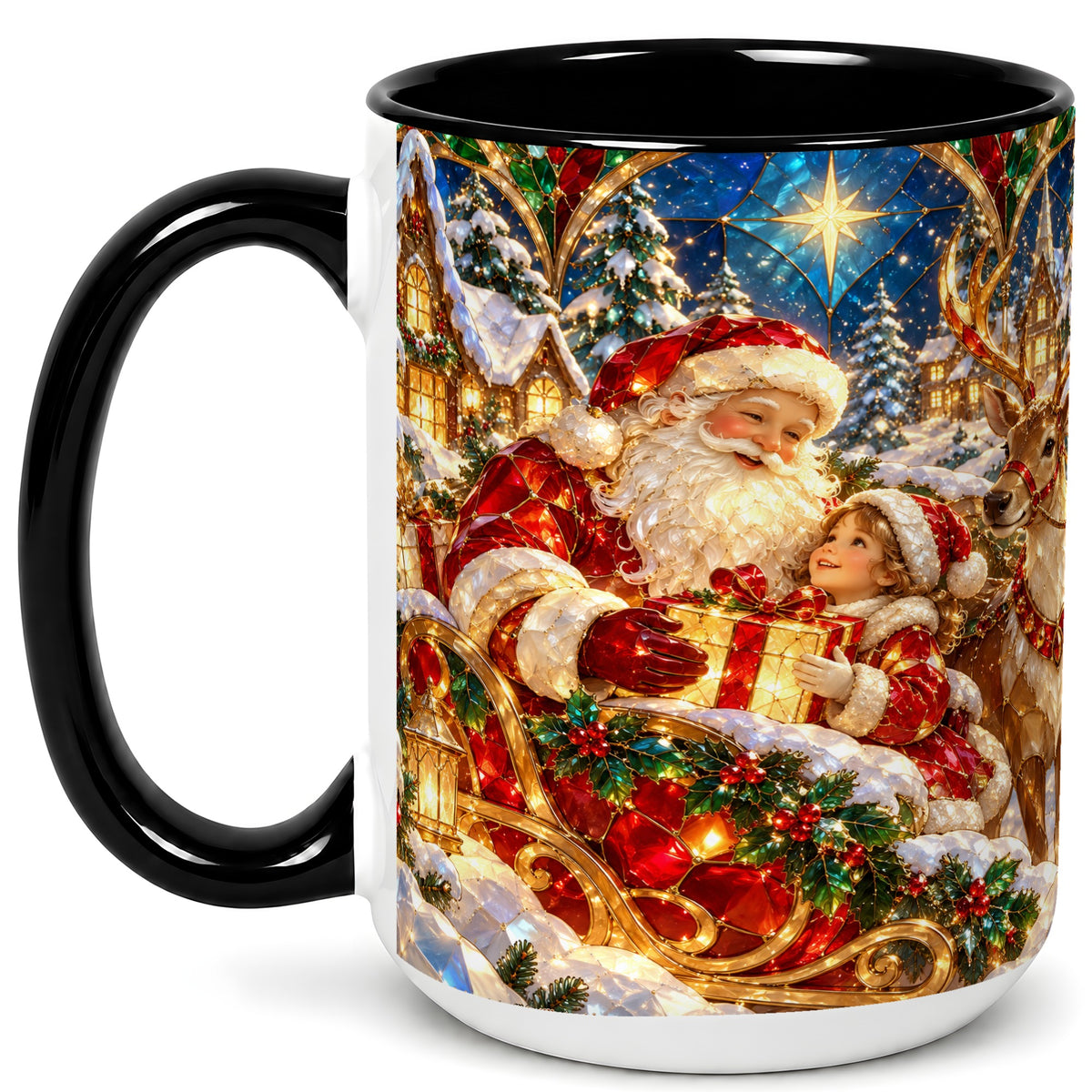 #pl[15oz|Black] Santa Gift Coffee Mug, Christmas Reindeer Mug, Ceramic Cup