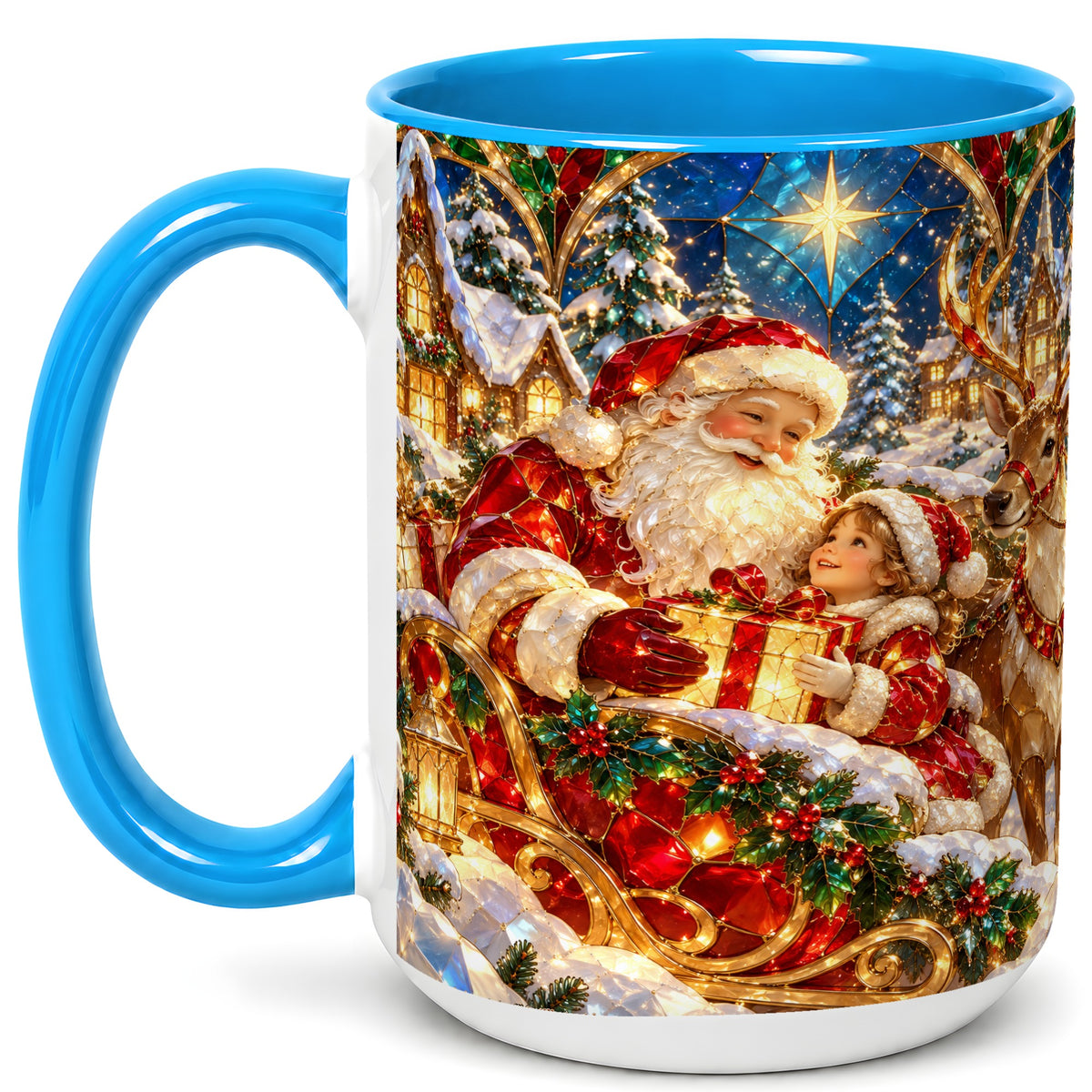 #pl[15oz|Blue] Santa Gift Coffee Mug, Christmas Reindeer Mug, Ceramic Cup